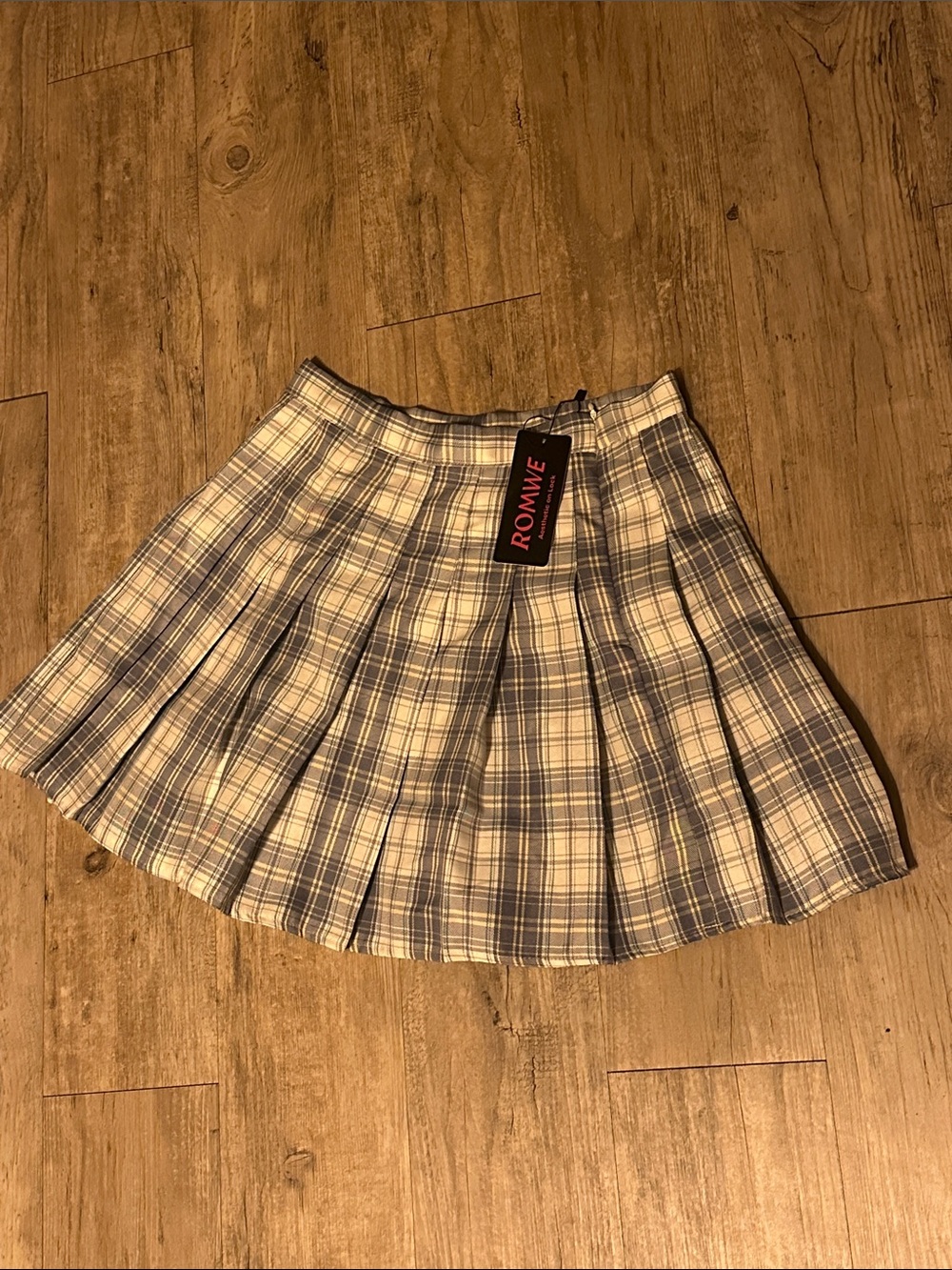ROMWE Blue & White Plaid Pleated Skater Skirt